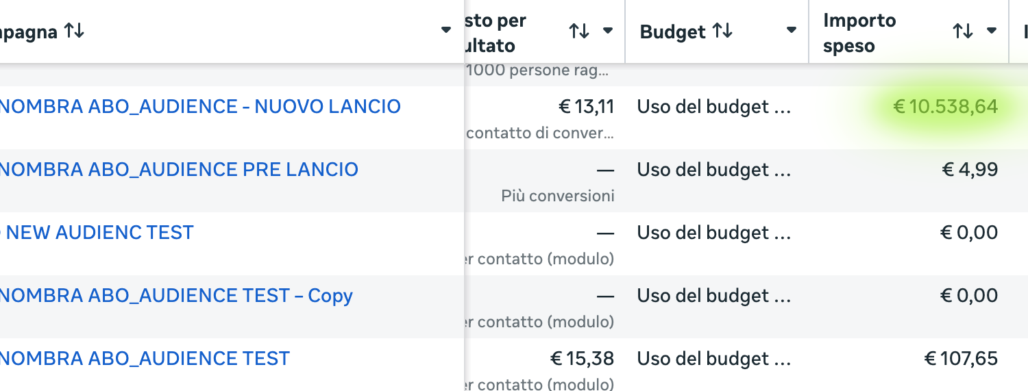 Spesa pubblicitaria nel Business Manager